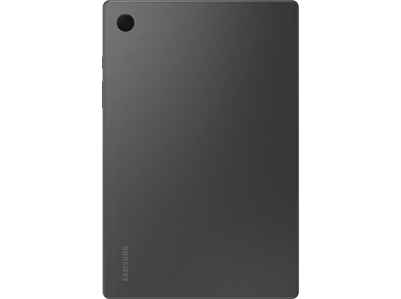 Vue arrière d'une tablette grise avec un objectif de caméra rond en haut à gauche et le mot « SAMSUNG » en bas à gauche.