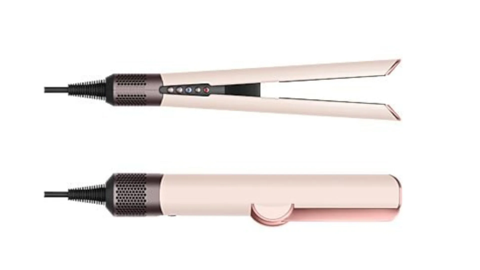 Deux fers à lisser beiges sont présentés sur un fond blanc. L'un est ouvert, l'autre est fermé. Les deux ont un cordon noir.