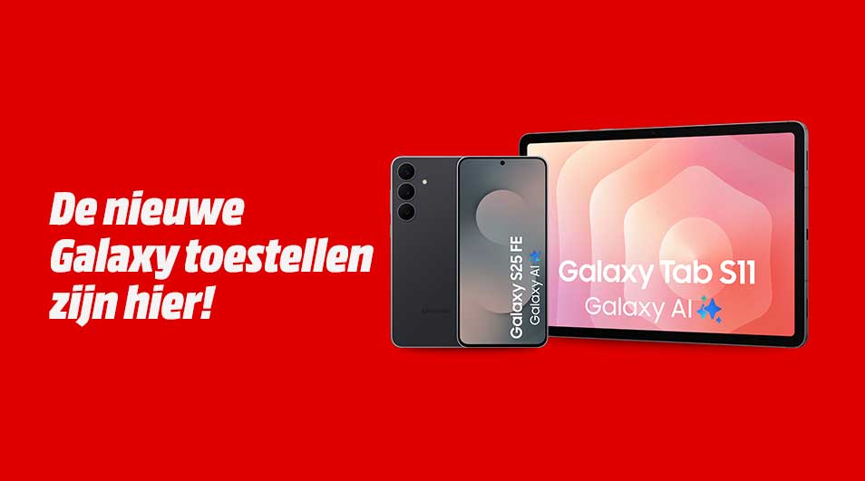 Rode achtergrond met slogan. Een Galaxy S25 FE smartphone en een Galaxy Tab S11 met Galaxy AI worden getoond: de nieuwe Galaxy toestellen.