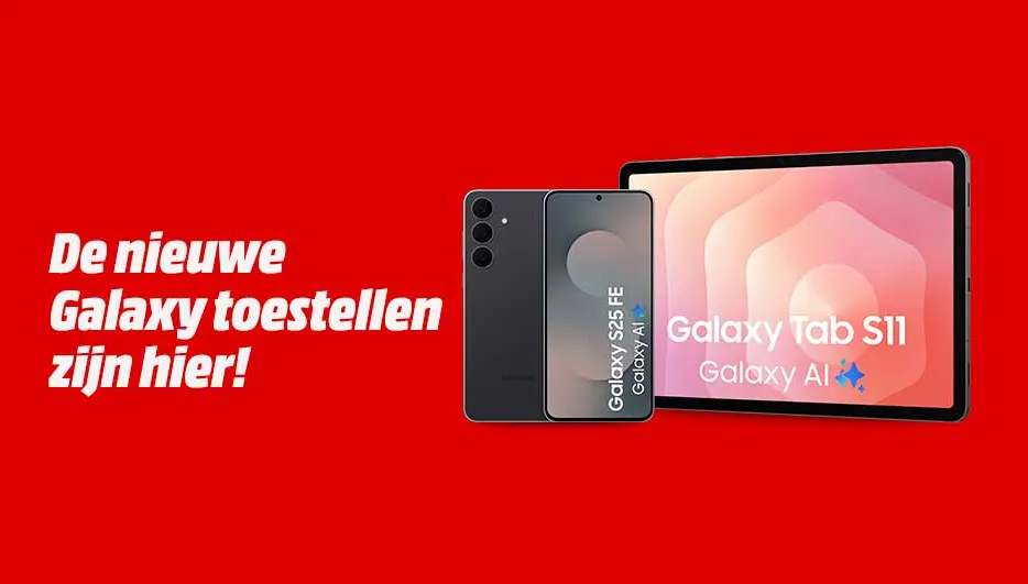 Rode achtergrond met slogan. Een Galaxy S25 FE smartphone en een Galaxy Tab S11 met Galaxy AI worden getoond: de nieuwe Galaxy toestellen.