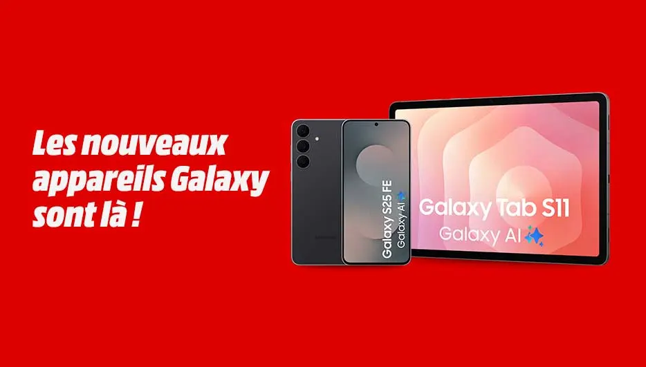 Fond rouge avec slogan. Un smartphone Galaxy S25 FE et une tablette Galaxy Tab S11 avec Galaxy AI, annonçant l’arrivée des nouveaux Galaxy.