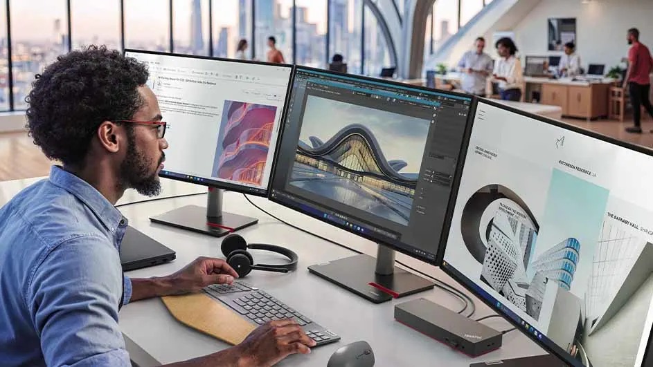 Man with glasses working on creative design across three monitors. He's using graphics software in modern open office with colleagues behind.