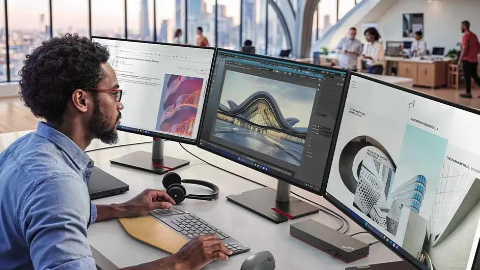 Homme avec lunettes travaille sur design créatif avec trois écrans. Il utilise logiciel graphique dans bureau ouvert avec collègues en arrière.