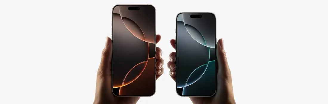 Two smartphones are held against a white background, showcasing curved line designs on their screens in brown and blue.