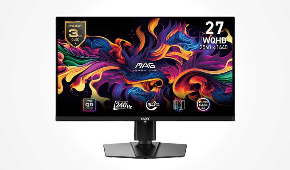 MSI MAG 27" monitor with colorful abstract flames; text shows WQHD 2560×1440, 240Hz, 0.03ms, QD‑OLED and OLED Care 2.0.