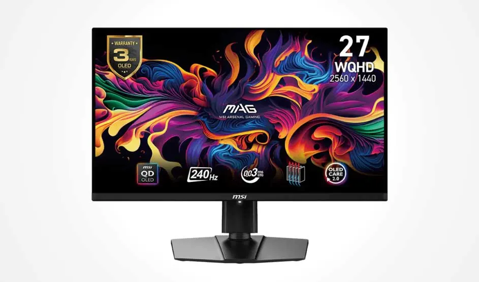 MSI MAG 27" monitor with colorful abstract flames; text shows WQHD 2560×1440, 240Hz, 0.03ms, QD‑OLED and OLED Care 2.0.
