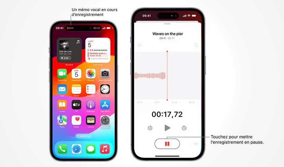 Deux iPhones affichent des écrans : un écran d'accueil coloré et un enregistrement audio avec un graphique d'ondes sonores.