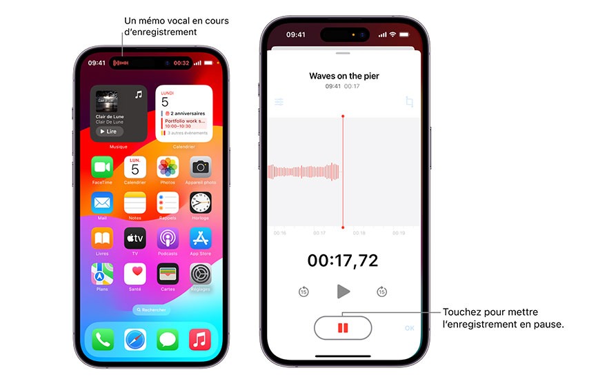Deux iPhones affichent des écrans : un écran d'accueil coloré et un enregistrement audio avec un graphique d'ondes sonores.