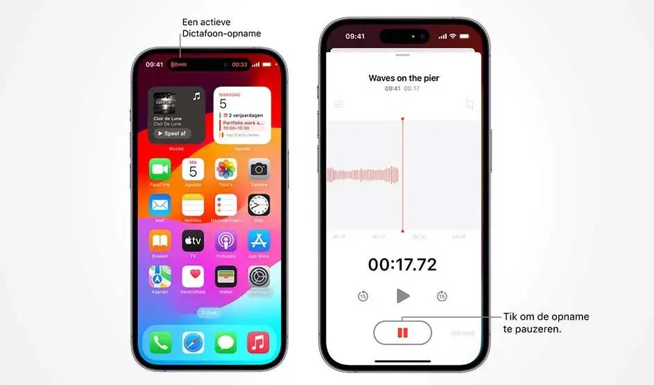 Twee iPhones: één toont een startscherm met apps en widgets, de ander een dictafoon-app met een geluidsgolf en bedieningselementen.