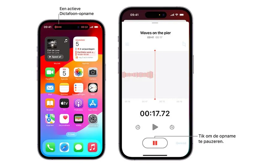 Twee iPhones: één toont een startscherm met apps en widgets, de ander een dictafoon-app met een geluidsgolf en bedieningselementen.