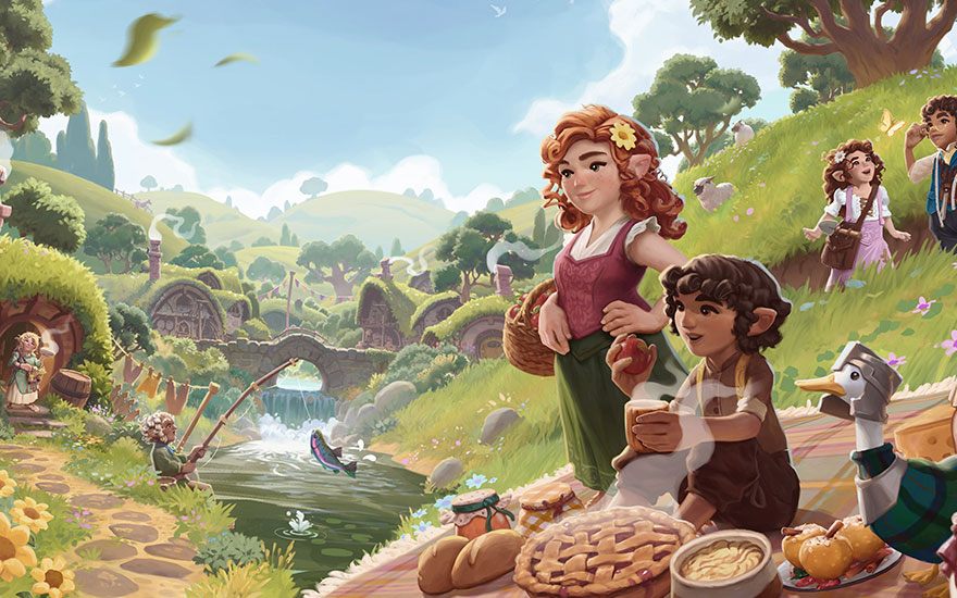 Een vrolijk dorp met hobbit-achtige huizen waar vrienden picknicken bij een rivier, omgeven door groene heuvels en bloeiende bloemen.