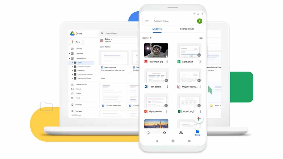 Trois appareils blancs affichent Google Drive sur fond blanc avec des accents jaune, bleu et vert.