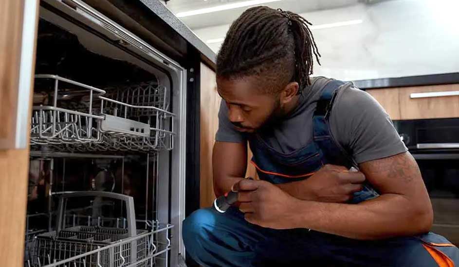 Un lave-vaisselle ouvert révèle des grilles métalliques à plusieurs niveaux. Une lumière illumine l'intérieur d'une cuisine.