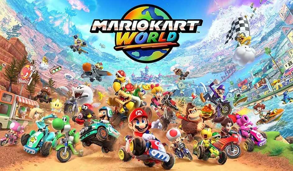 "Mario Kart World" logo above a vibrant race with karts, bikes, planes, and boats on desert, water, and city tracks under a blue sky.