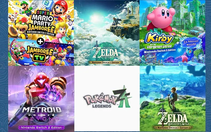 Six game covers are displayed: Super Mario Party Jamboree, Zelda Tears of the Kingdom, Kirby and the Forgotten Land, Metroid Prime 4 Beyond, Pokemon Legends ZA, Zelda Breath of the Wild.