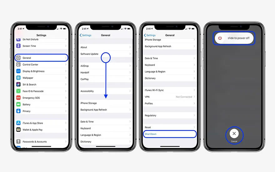 Quatre iPhones affichent les paramètres pour éteindre l'appareil. Les écrans montrent les options "Général" et "Arrêt".