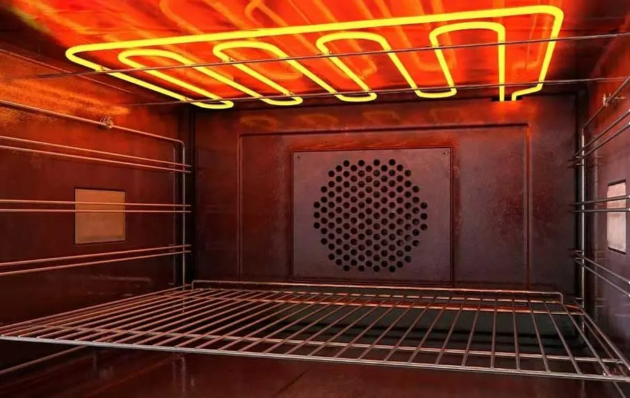 Interieur van een oven met metalen rek en een gloeiend verwarmingselement aan de bovenkant. Ventilatieopening achteraan.