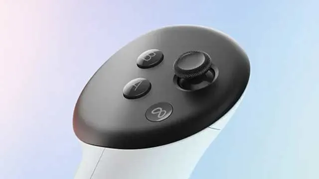 Een close-up van een zwarte en witte VR-controller met knoppen 'A', 'B' en een oneindigheidssymbool. Op een blauw-wit achtergrond.