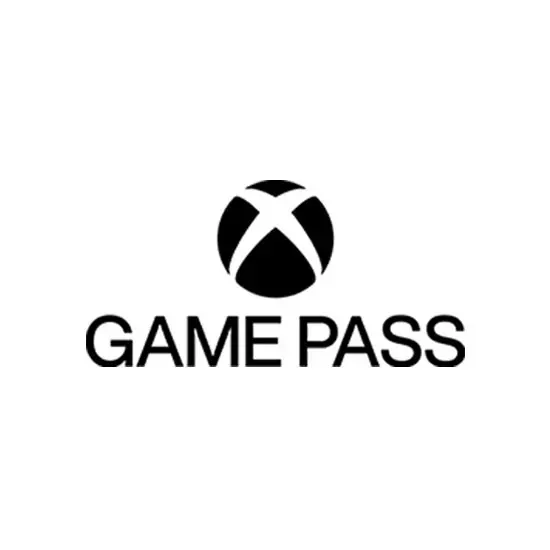 Logo Game Pass : sphère noire avec un X blanc, au-dessus du texte noir "GAME PASS" sur fond blanc.