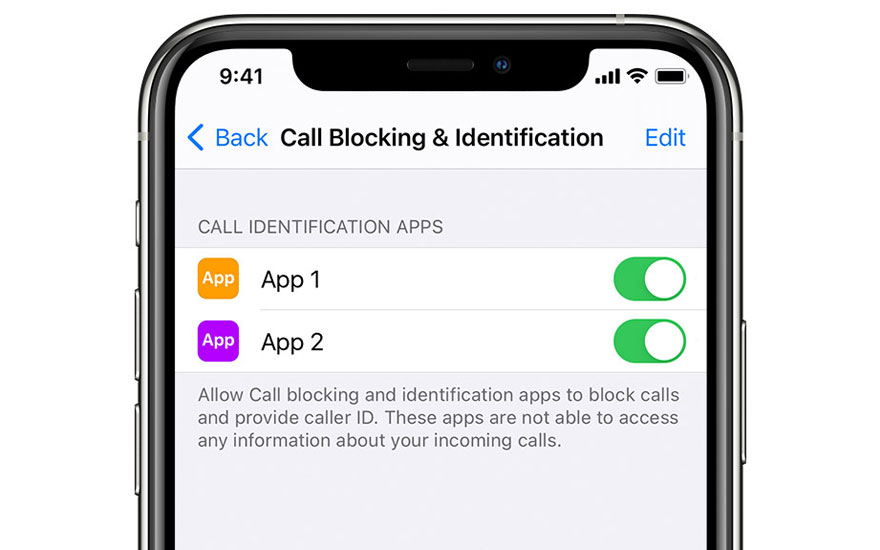 Een iPhone-scherm toont instellingen voor oproepblokkering met twee apps, 'App 1' en 'App 2', beide ingeschakeld.