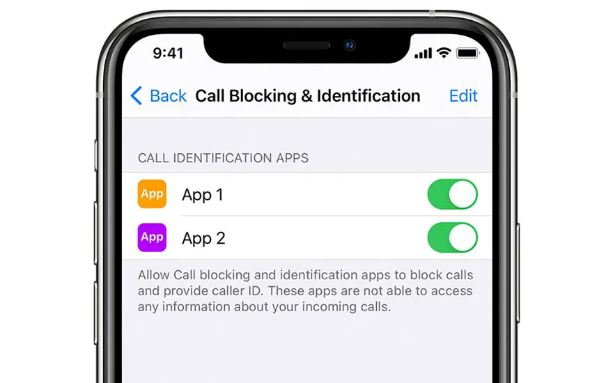 Een iPhone-scherm toont instellingen voor oproepblokkering met twee apps, 'App 1' en 'App 2', beide ingeschakeld.