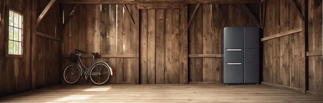 A wooden room with a bicycle, window, and a black refrigerator.