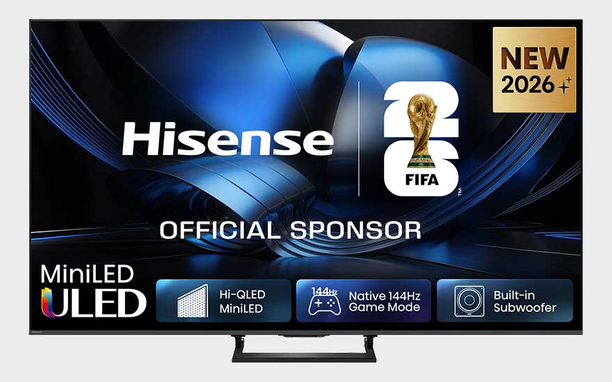 Een Hisense MiniLED ULED-tv toont een donkerblauw futuristisch scherm, FIFA-logo’s en pictogrammen voor gaming en ingebouwde subwoofer.