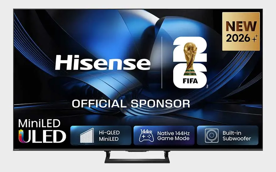 Een Hisense MiniLED ULED-tv toont een donkerblauw futuristisch scherm, FIFA-logo’s en pictogrammen voor gaming en ingebouwde subwoofer.