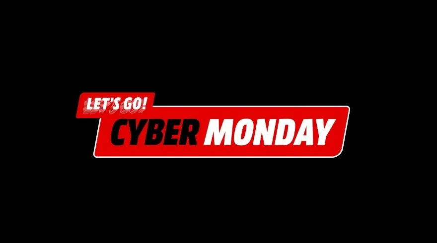 Texte rouge et blanc "Cyber Monday" sur fond noir.