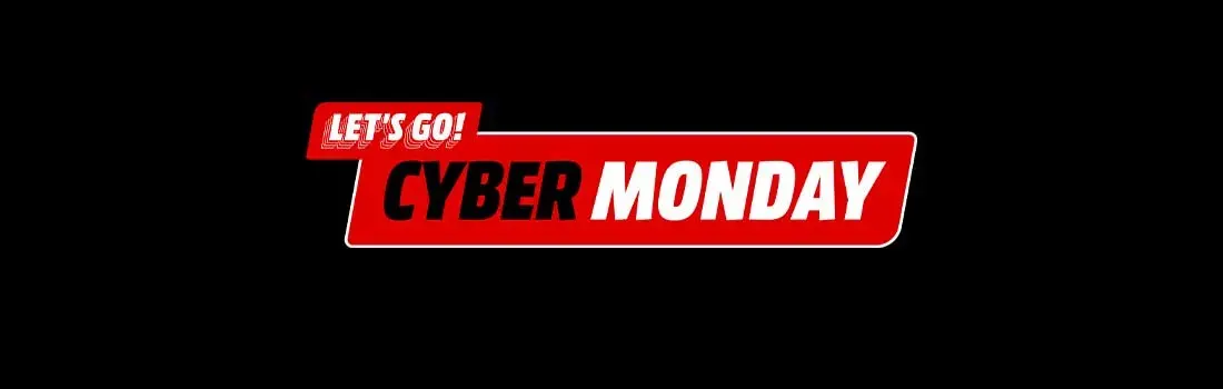 Sur fond noir, une bannière rouge et blanche annonce "LET'S GO! CYBER MONDAY" pour promouvoir des soldes.