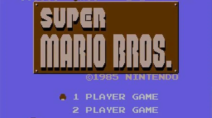 The image shows the title screen of Super Mario Bros. on a purple background. The title is on a brown box above game options.