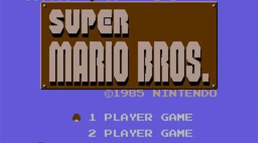 Écran titre du jeu Super Mario Bros. avec texte brun sur fond violet. Options : 1 joueur, 2 joueurs.