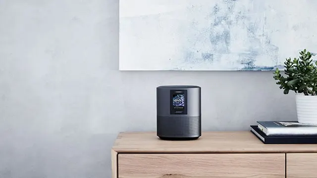 Haut-parleur gris sur une commode en bois clair, près d'un tableau et d'une plante verte en pot blanc. Mur gris clair en arrière-plan.