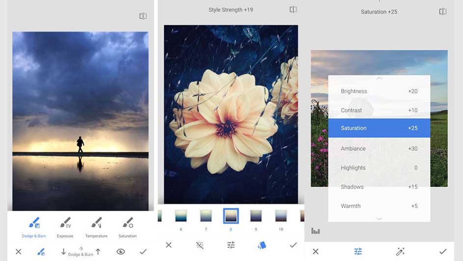 Trois captures d'écran d'une application d'édition de photos affichant des outils pour ajuster les images. On voit un ciel nuageux, une fleur jaune et des curseurs de saturation.