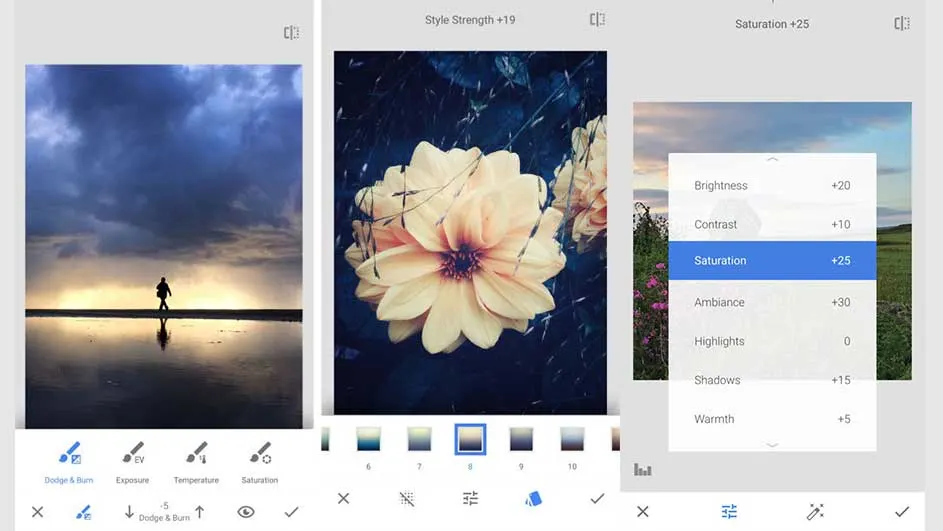 Trois captures d'écran d'une application d'édition de photos affichant des outils pour ajuster les images. On voit un ciel nuageux, une fleur jaune et des curseurs de saturation.