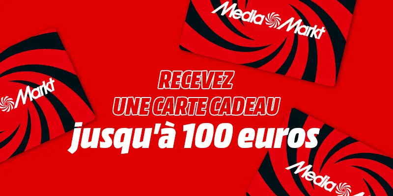 Fond rouge vif avec des cartes Media Markt en diagonale. Texte blanc : "RECEVEZ UNE CARTE CADEAU jusqu'à 100 euros".
