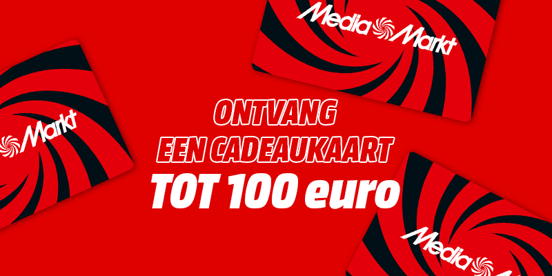 Rode achtergrond met Media Markt-cadeaubonnen en tekst: "Ontvang een cadeaukaart tot 100 euro".