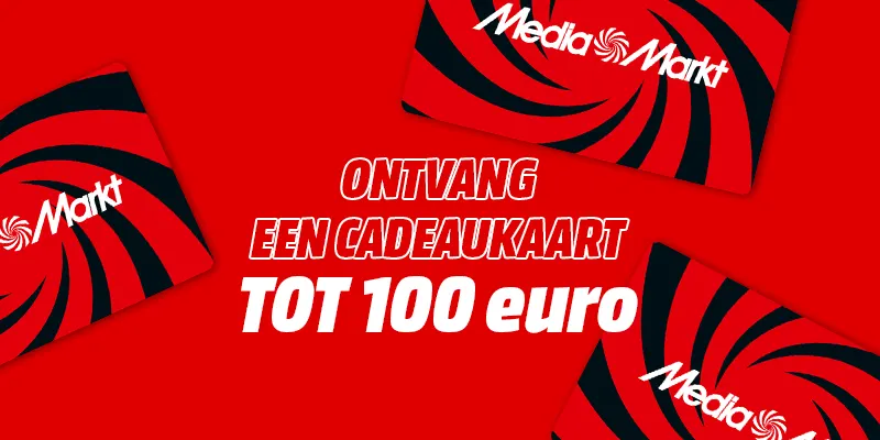 Rode achtergrond met Media Markt-cadeaubonnen en tekst: "Ontvang een cadeaukaart tot 100 euro".