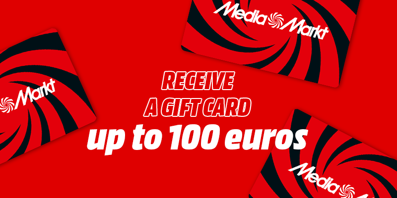 Red graphic with "Receive a gift card up to 100 euros" and MediaMarkt logos.