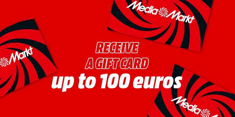 Red graphic with "Receive a gift card up to 100 euros" and MediaMarkt logos.