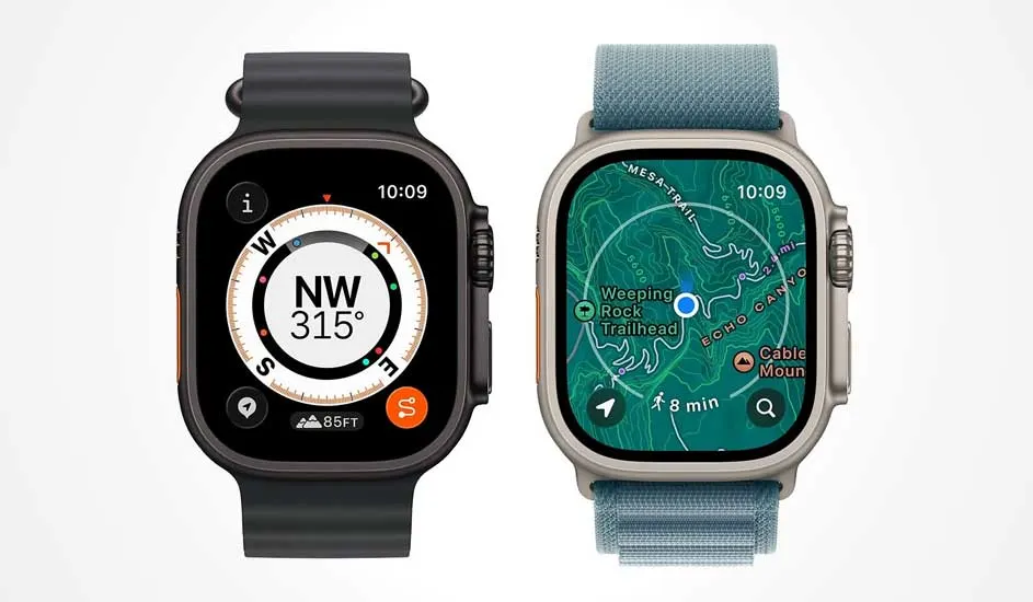 Twee rechthoekige Apple smartwatches tonen een kompas met graden en een wandelkaart met route, tijd en locatie, elk met verschillend bandje.