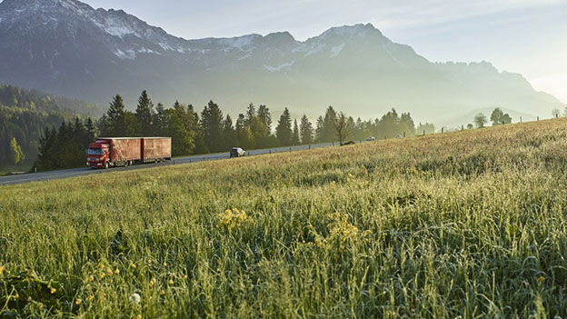 Un champ vert avec un camion rouge sur une route, des arbres et des montagnes enneigées en arrière-plan.