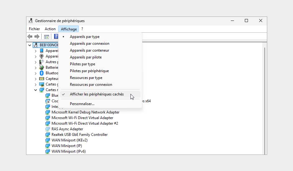 Fenêtre blanche "Gestionnaire de périphériques" ouverte. Le menu déroulant "Affichage" montre "Afficher les périphériques cachés" coché.