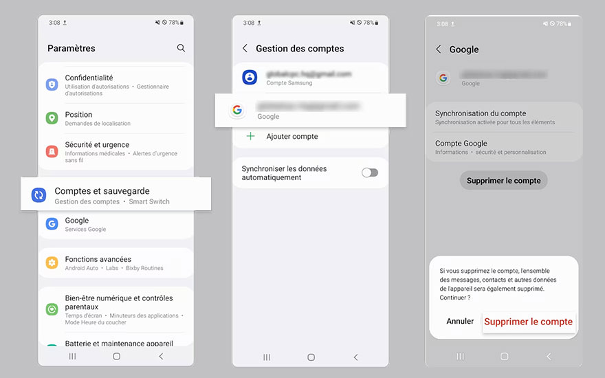 Trois écrans de smartphone affichent les paramètres de compte Google, y compris la suppression du compte.