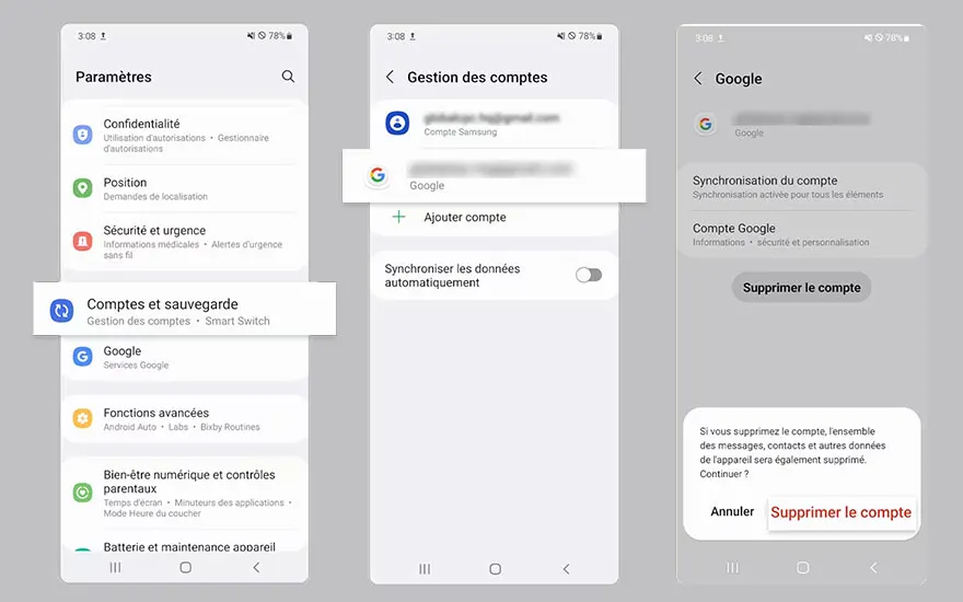 Trois écrans de smartphone affichent les paramètres de compte Google, y compris la suppression du compte.