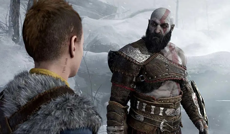 A bearded warrior in leather armour looks at a boy in a snowy mountainous environment from God of War with Norse atmospheric elements.