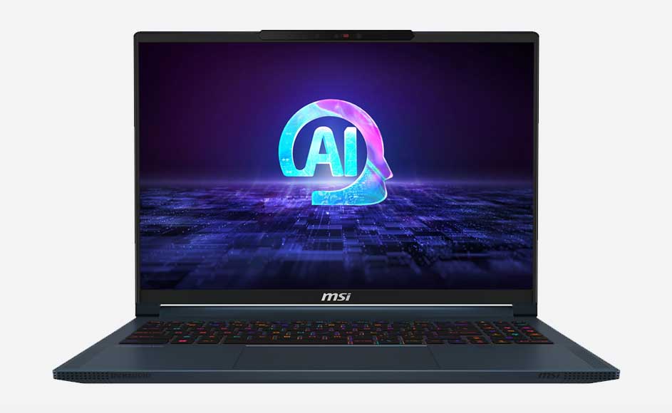 Een blauwe MSI-laptop staat open, met een AI-logo op het scherm tegen een paarse achtergrond.