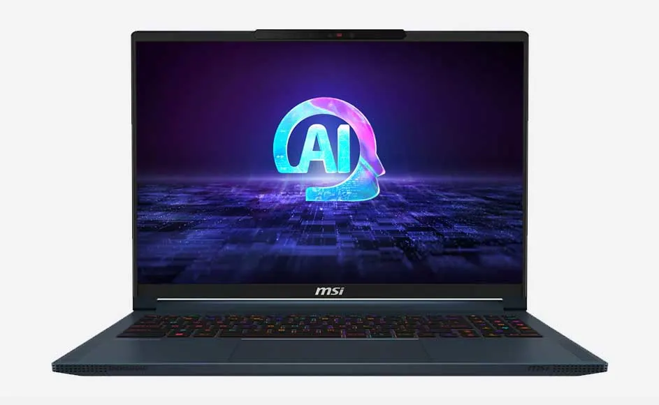 Een blauwe MSI-laptop staat open, met een AI-logo op het scherm tegen een paarse achtergrond.