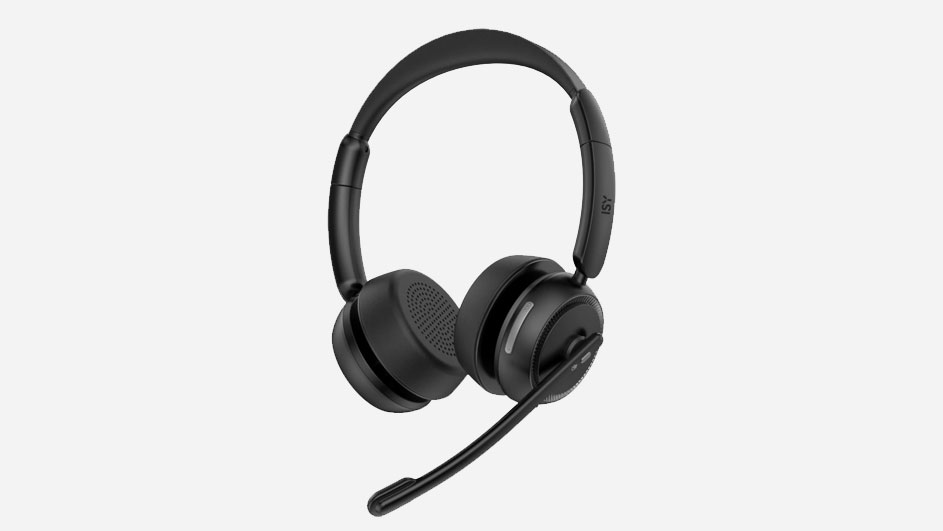Een lichtgewicht zwarte draadloze headset met zachte oorkussens en verstelbare band, geïntegreerde microfoonarm en strak design voor lange gesprekken.
