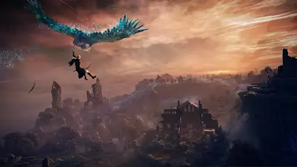 Een blauwe vogel draagt iemand over een bergachtig landschap met gebouwen tegen een zonsondergang.